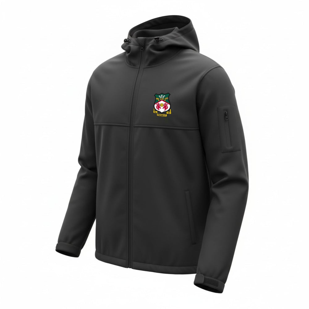 Black jacket with a logo on the chest against a white background