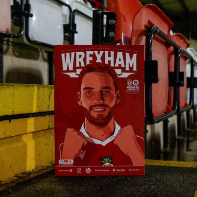 Card with a sports player illustration and 'Wrexham' text on a red background, placed against stadium seats.