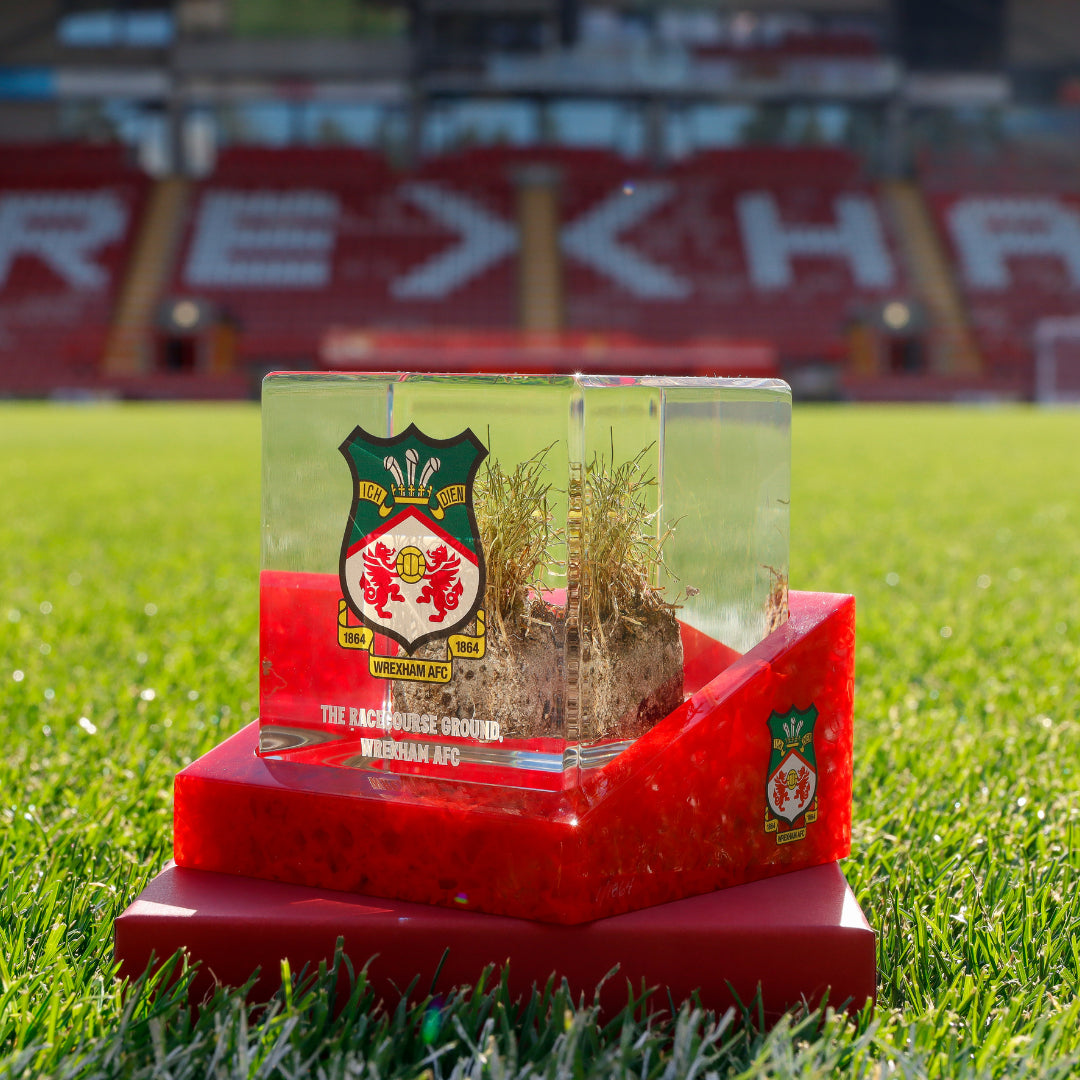 Crystal plaque with Wrexham AFC logo on a grass field