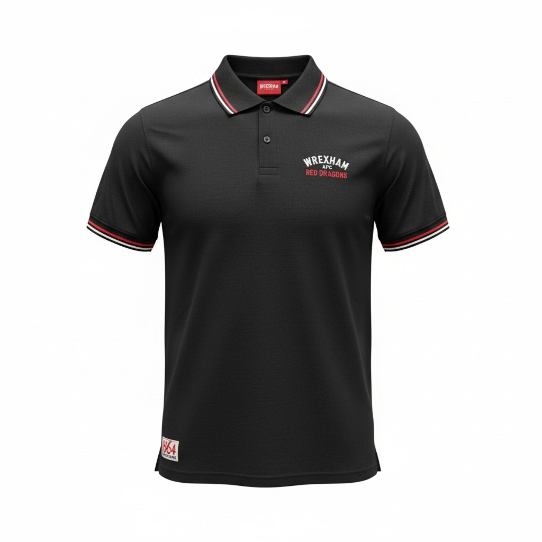 Black polo shirt with white text and red accents on a white background
