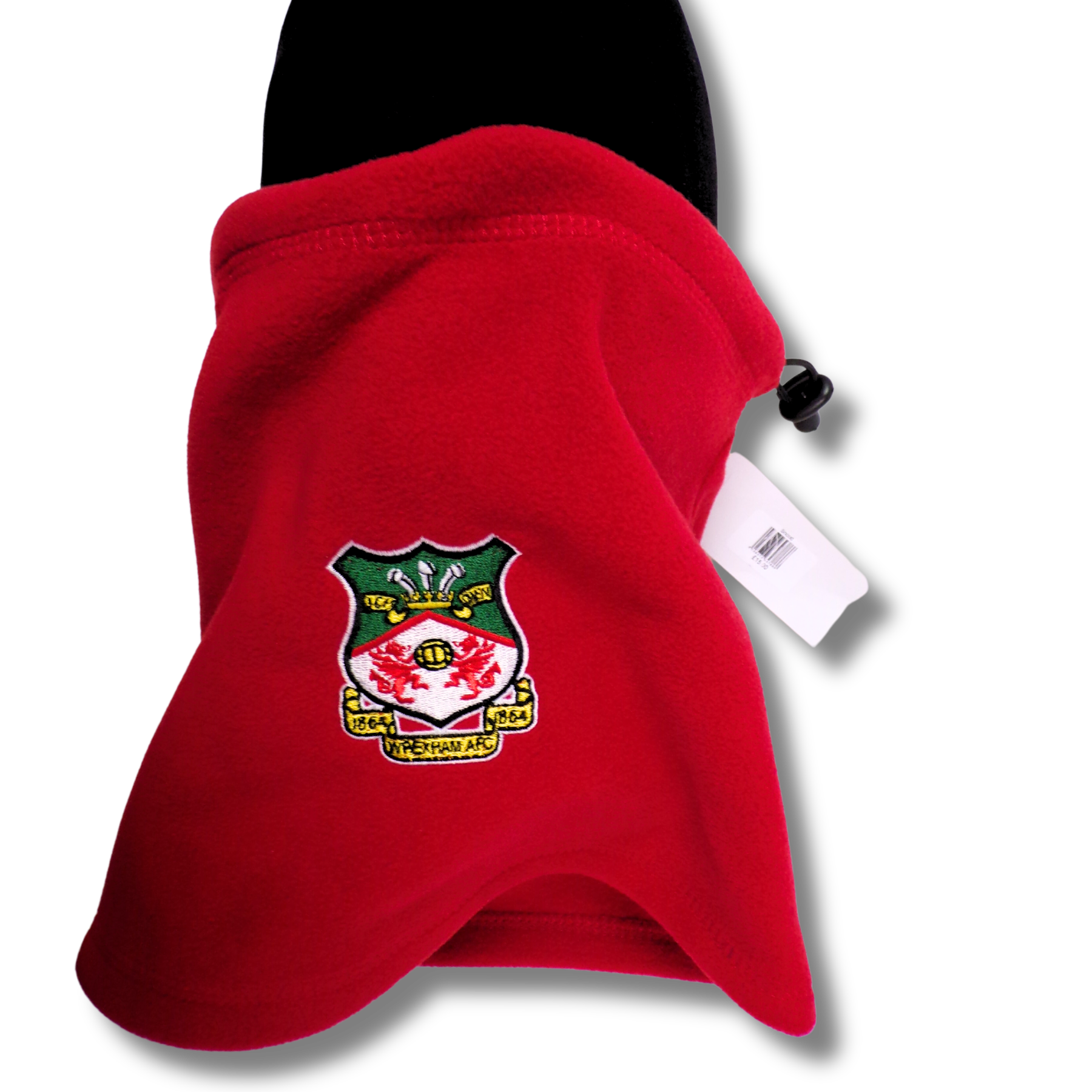 Red fleece blanket with a logo on a snowboard against a white background