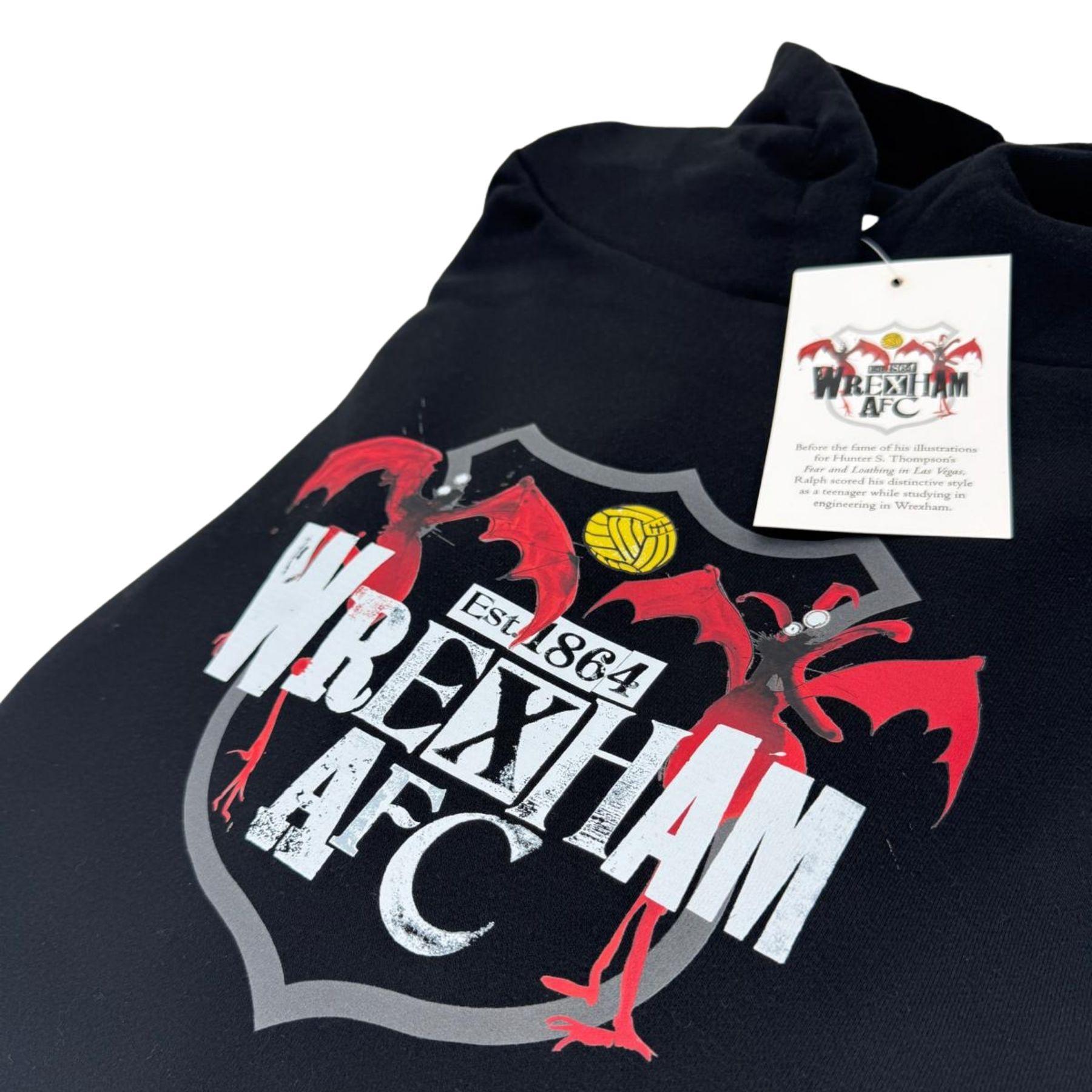 Black hoodie with Wrexham AFC logo and tag on a white background