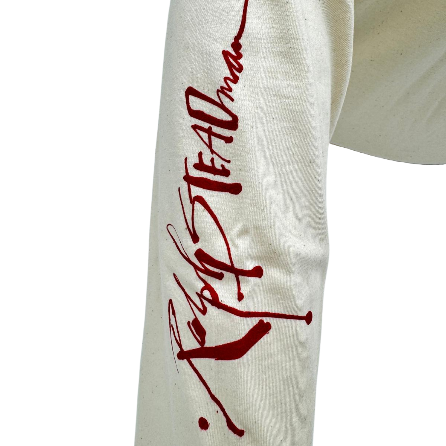 White sweatshirt with red text on a white background