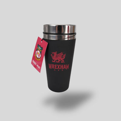 Black travel mug with Wrexham AFC logo and a tag on a gray background