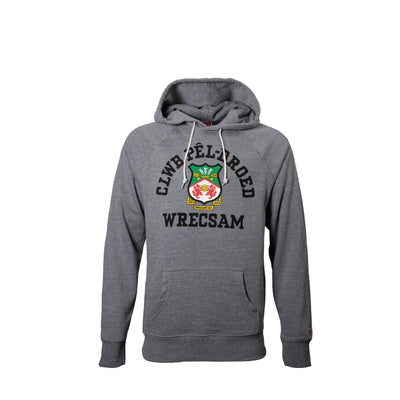 Gray hoodie with 'Cwmpelcedd Wrecsam' text and emblem on a white background