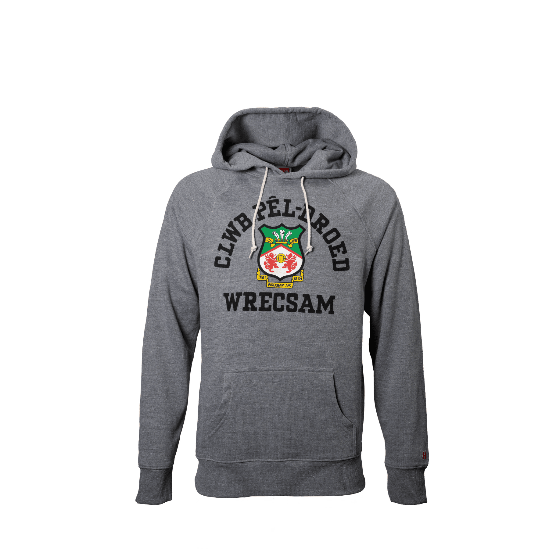 Gray hoodie with 'Cwmpelcedd Wrecsam' text and emblem on a white background