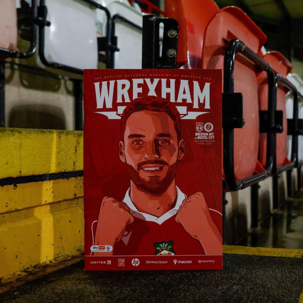 Card with a sports player illustration and 'Wrexham' text on a red background, placed against stadium seats.