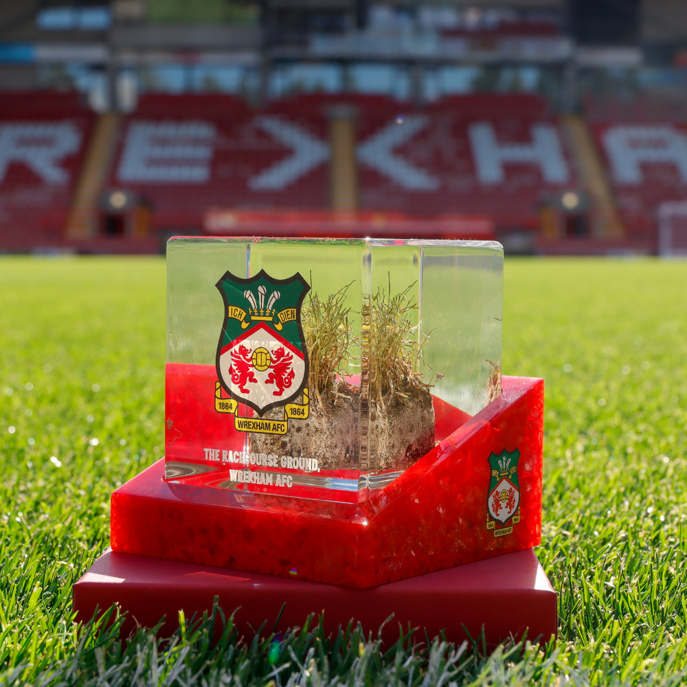 Crystal plaque with Wrexham AFC logo on a grass field