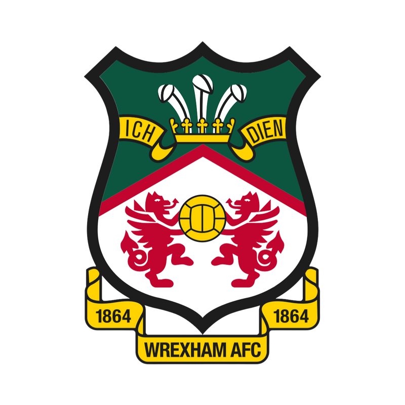Wrexham AFC logo with green shield, red lions, and yellow text on a white background