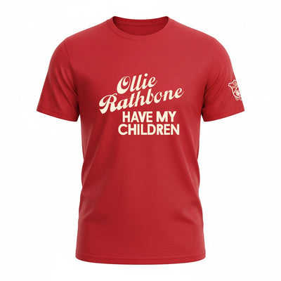 Red t-shirt with white text on a white background