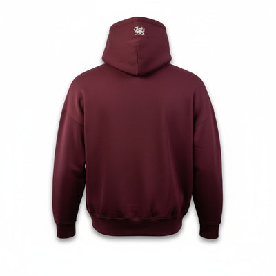 Maroon hoodie with a small logo on the back against a white background