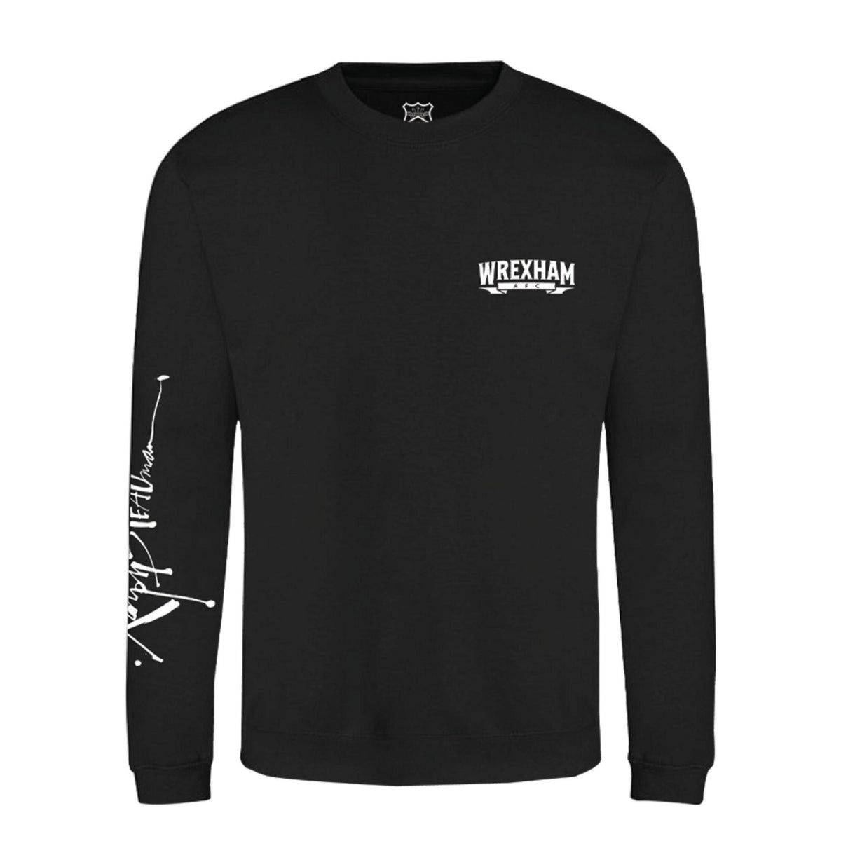 Black sweatshirt with 'Wrexham' text on a white background