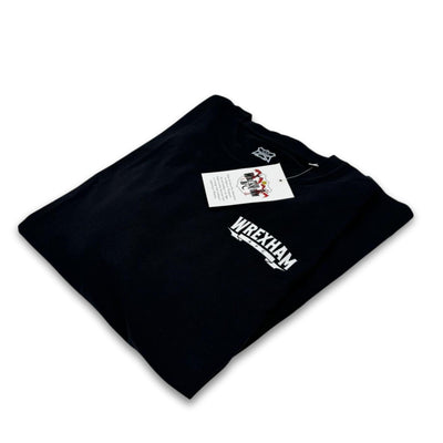 Folded black t-shirt with 'Wrexham' text on a white background