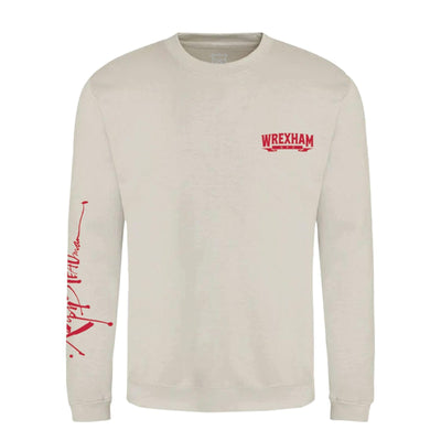 Beige long-sleeve shirt with red text and graphics on a white background