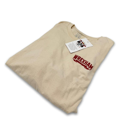 Beige t-shirt with 'Wrexham' printed on it, folded and displayed against a white background.