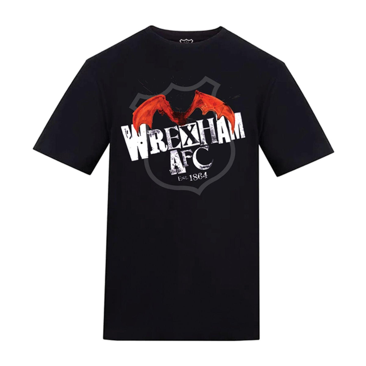 Black t-shirt with Wrexham AFC logo on a white background