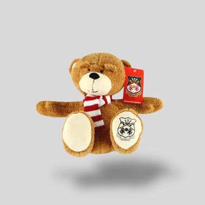 Plush teddy bear with a red tag on a gray background