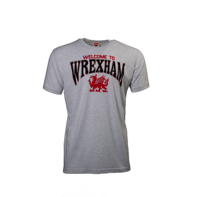 Gray t-shirt with 'Welcome to Wrexham' text and red dragon graphic on a white background