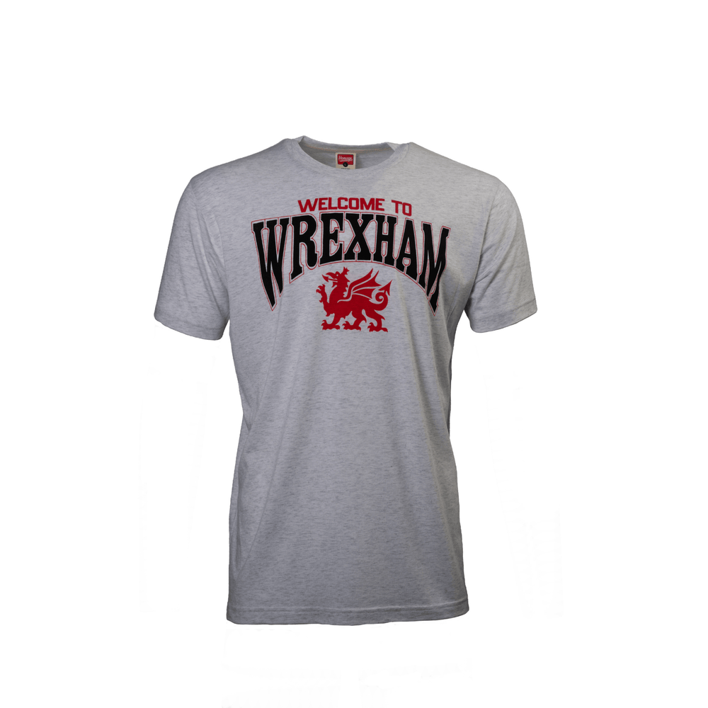 Gray t-shirt with 'Welcome to Wrexham' text and red dragon graphic on a white background