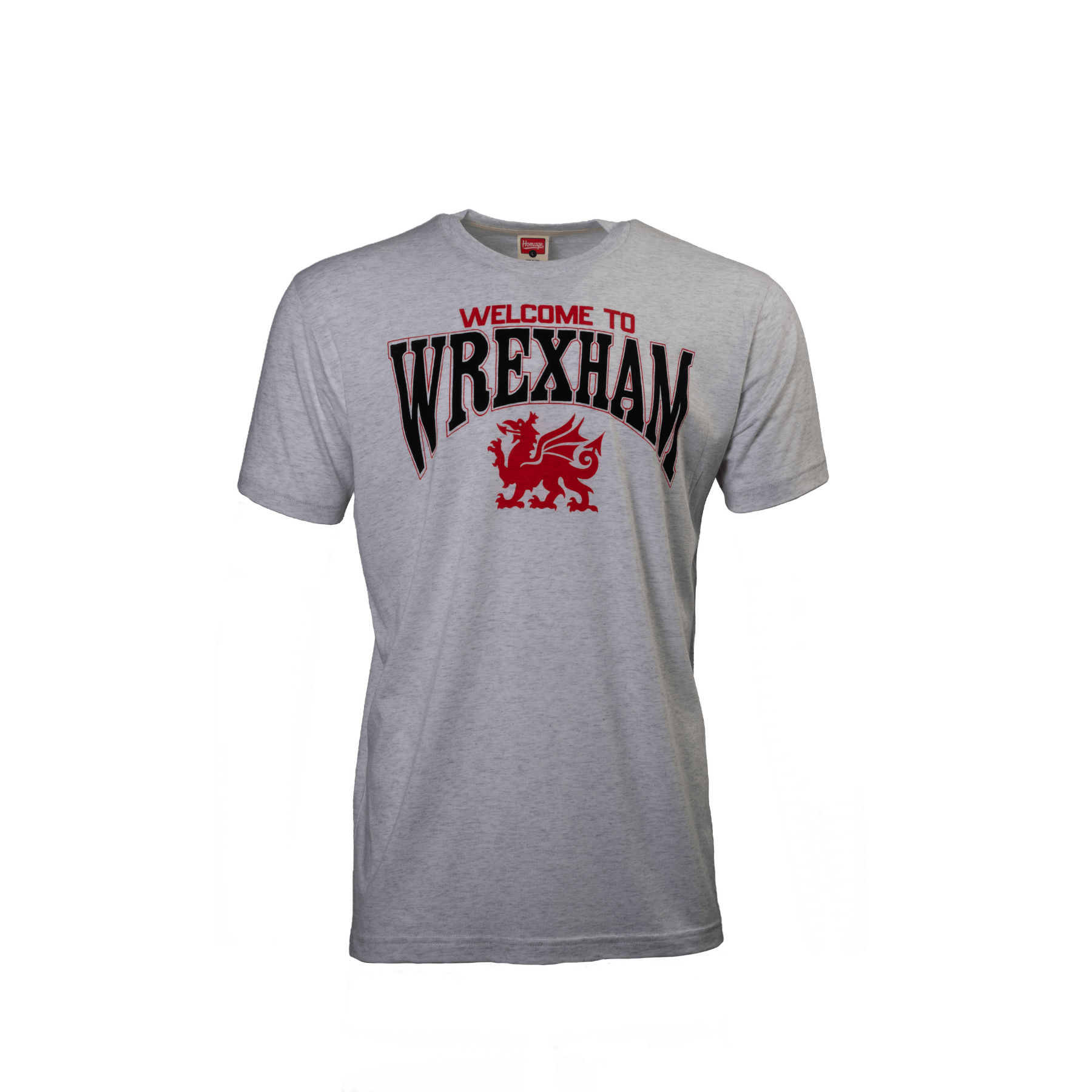 Gray t-shirt with 'Welcome to Wrexham' text and red dragon graphic on a white background